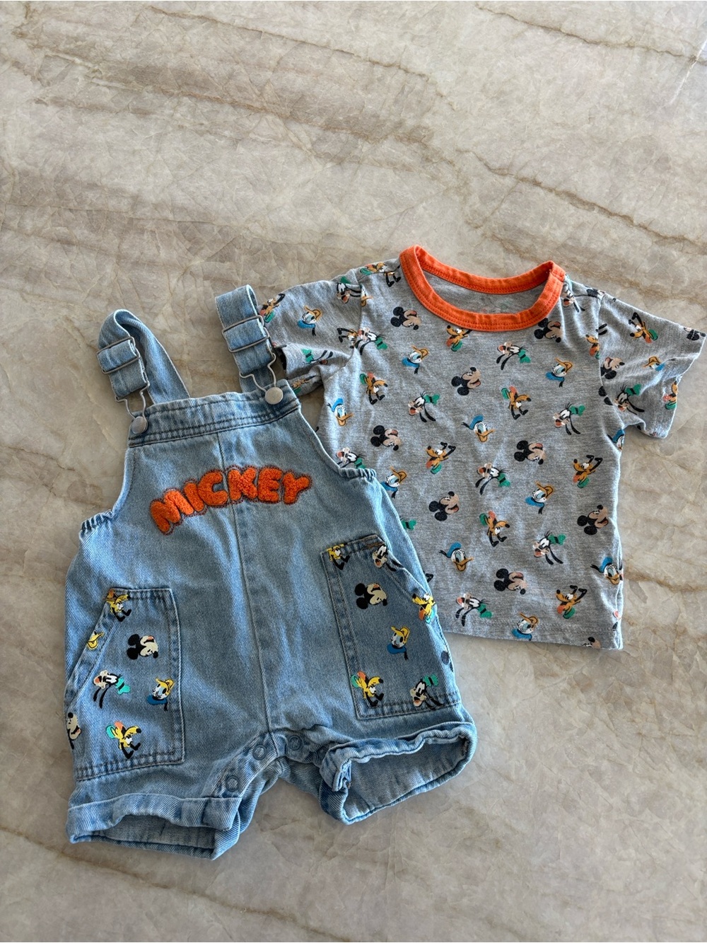Disney Grey Mickey Print Tee & Light Blue Denim Overalls with Orange Trim